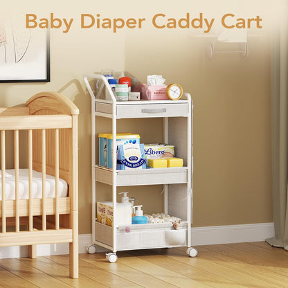 3-Tier Diaper Caddy Cart Organizer - Rolling Baby Cart with Drawer, Side Pockets and Basket, Multi-Function Utility Cart for Nursery, Bedroom, Bathroom, Mobile Diaper Organizer for Baby