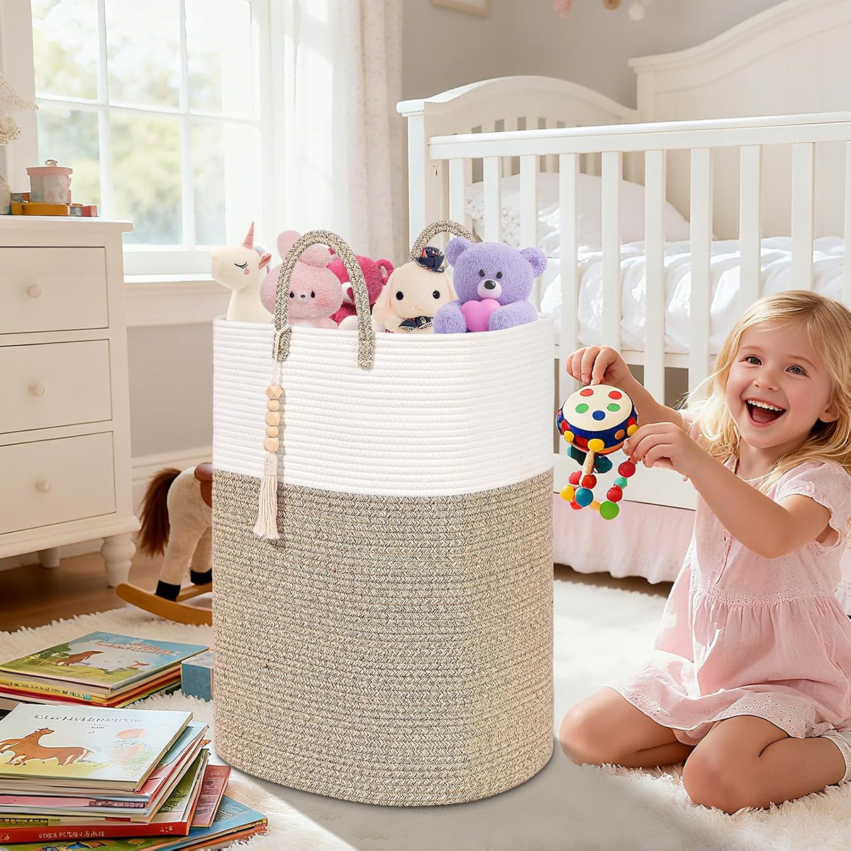 65L Woven Laundry Basket for Clothes, Large Rectangle Laundry Hampers with Beads Tassel, Nursery Storage Basket for Toys, Tall Dirty Clothes Hamper for Bedroom Aesthetic, Laundry Room Organization