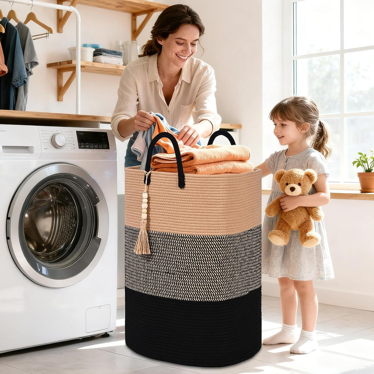 65L Woven Laundry Basket for Clothes, Large Rectangle Laundry Hampers with Beads Tassel, Nursery Storage Basket for Toys, Tall Dirty Clothes Hamper for Bedroom Aesthetic, Laundry Room Organization