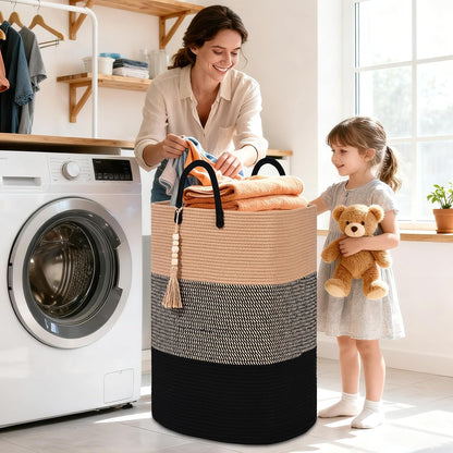 65L Woven Laundry Basket for Clothes, Large Rectangle Laundry Hampers with Beads Tassel, Nursery Storage Basket for Toys, Tall Dirty Clothes Hamper for Bedroom Aesthetic, Laundry Room Organization