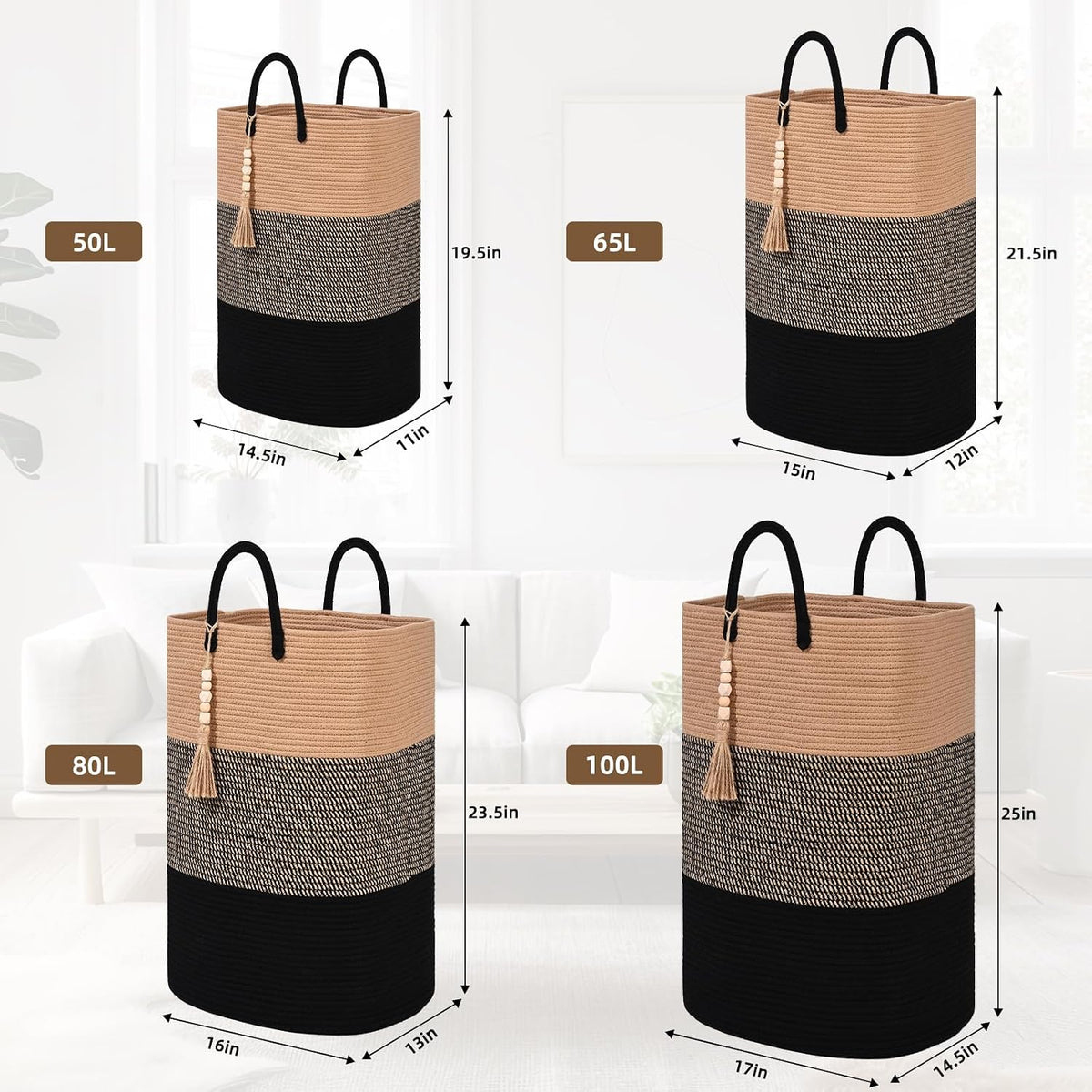 65L Woven Laundry Basket for Clothes, Large Rectangle Laundry Hampers with Beads Tassel, Nursery Storage Basket for Toys, Tall Dirty Clothes Hamper for Bedroom Aesthetic, Laundry Room Organization