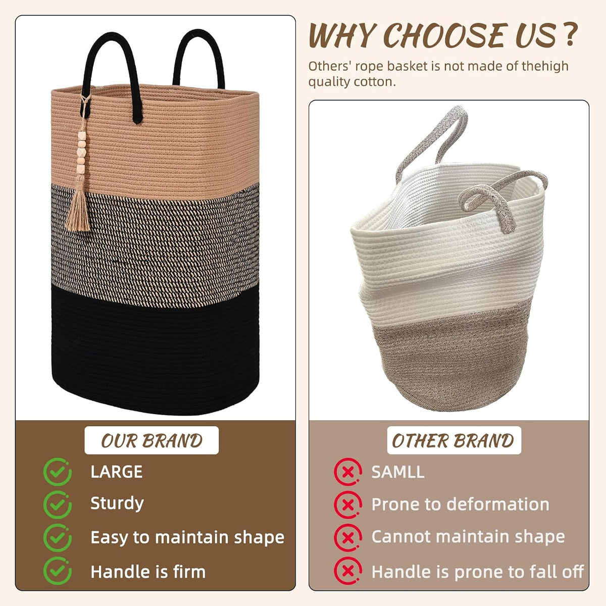 65L Woven Laundry Basket for Clothes, Large Rectangle Laundry Hampers with Beads Tassel, Nursery Storage Basket for Toys, Tall Dirty Clothes Hamper for Bedroom Aesthetic, Laundry Room Organization