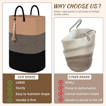 65L Woven Laundry Basket for Clothes, Large Rectangle Laundry Hampers with Beads Tassel, Nursery Storage Basket for Toys, Tall Dirty Clothes Hamper for Bedroom Aesthetic, Laundry Room Organization