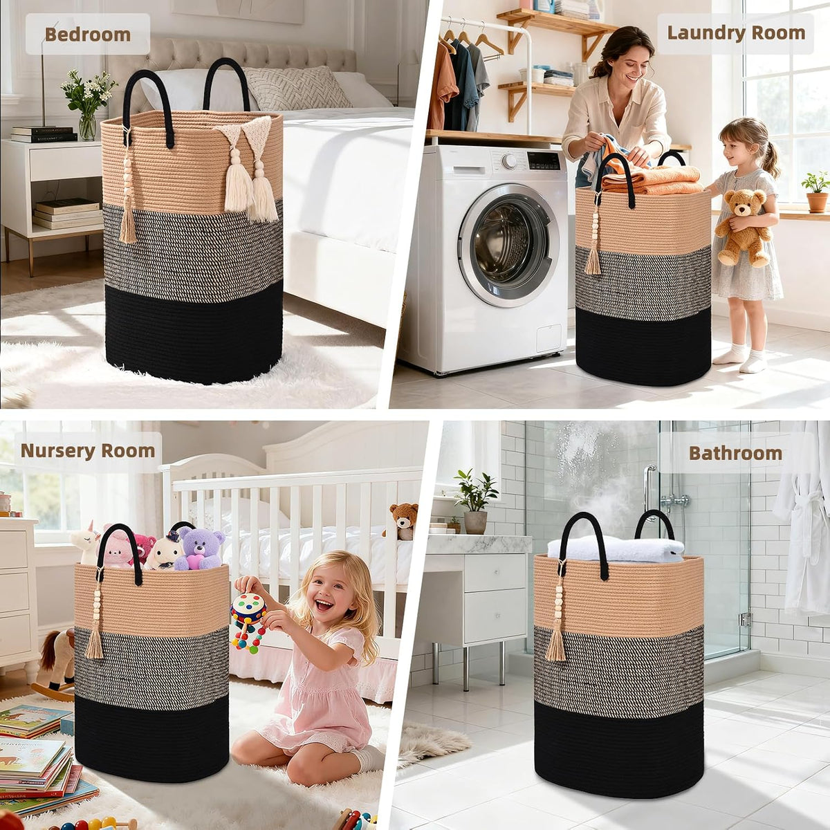 65L Woven Laundry Basket for Clothes, Large Rectangle Laundry Hampers with Beads Tassel, Nursery Storage Basket for Toys, Tall Dirty Clothes Hamper for Bedroom Aesthetic, Laundry Room Organization