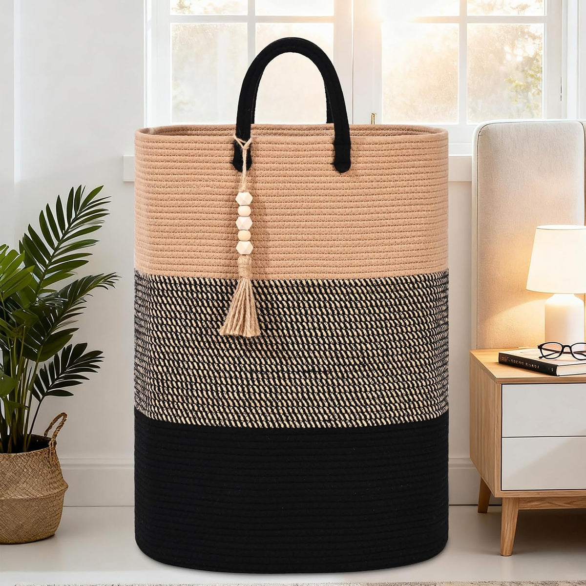 65L Woven Laundry Basket for Clothes, Large Rectangle Laundry Hampers with Beads Tassel, Nursery Storage Basket for Toys, Tall Dirty Clothes Hamper for Bedroom Aesthetic, Laundry Room Organization