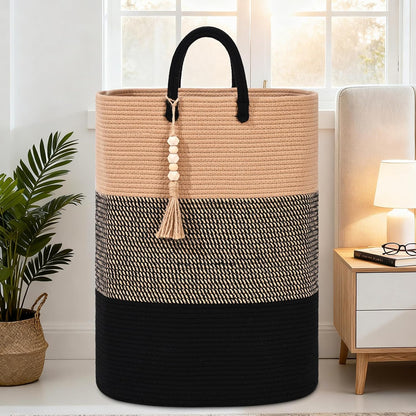 65L Woven Laundry Basket for Clothes, Large Rectangle Laundry Hampers with Beads Tassel, Nursery Storage Basket for Toys, Tall Dirty Clothes Hamper for Bedroom Aesthetic, Laundry Room Organization