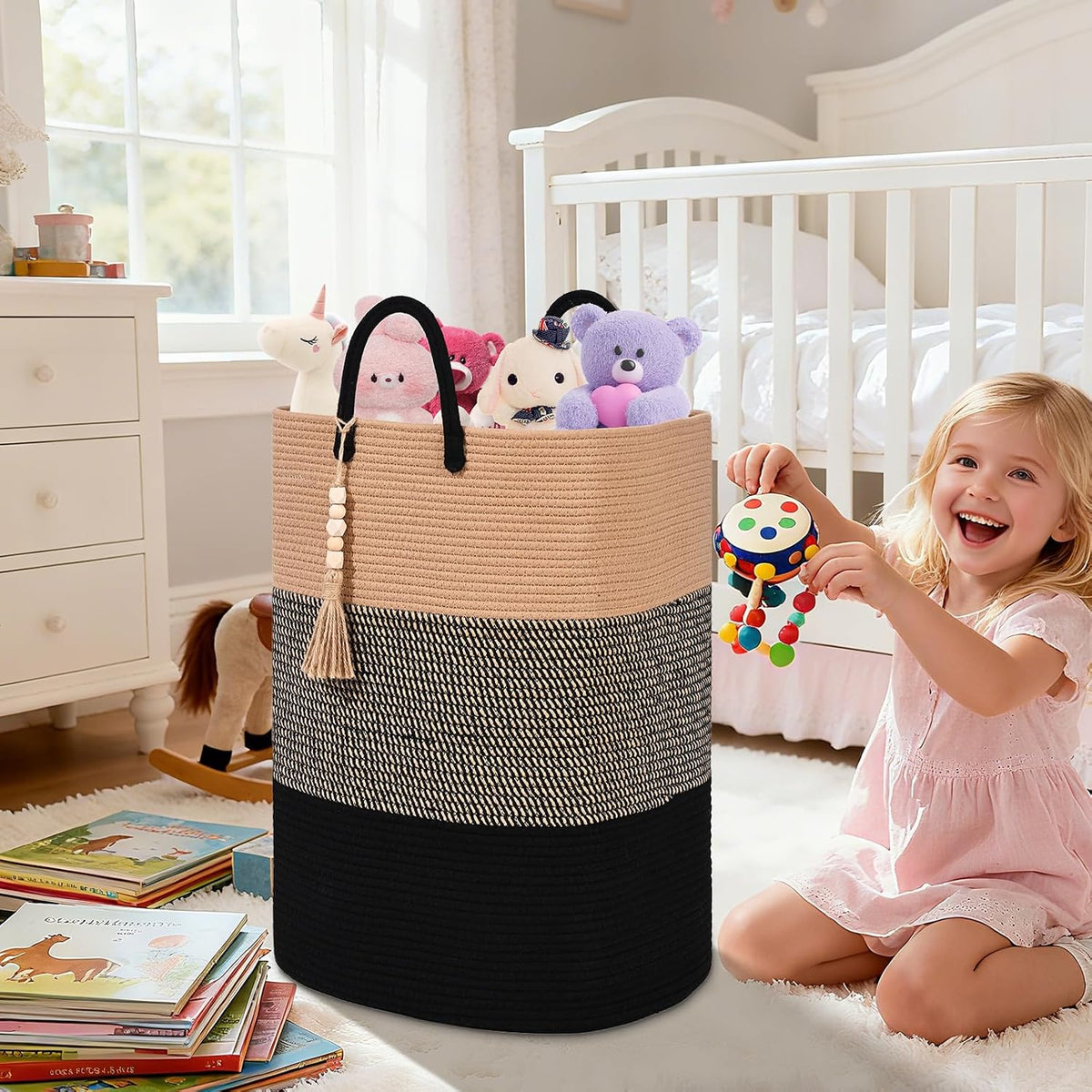 65L Woven Laundry Basket for Clothes, Large Rectangle Laundry Hampers with Beads Tassel, Nursery Storage Basket for Toys, Tall Dirty Clothes Hamper for Bedroom Aesthetic, Laundry Room Organization