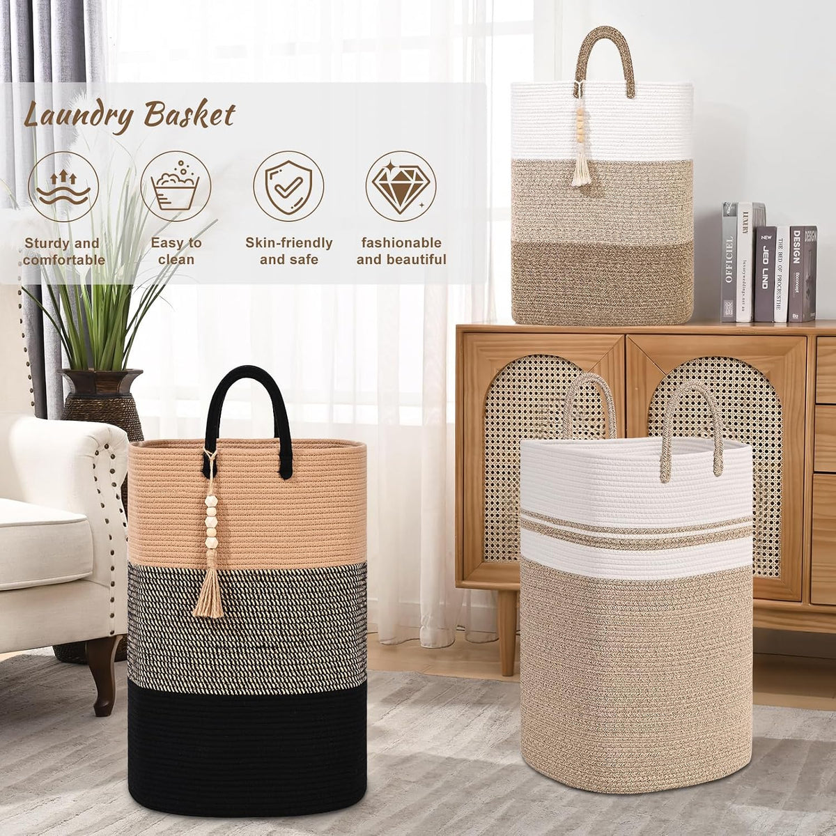 65L Woven Laundry Basket for Clothes, Large Rectangle Laundry Hampers with Beads Tassel, Nursery Storage Basket for Toys, Tall Dirty Clothes Hamper for Bedroom Aesthetic, Laundry Room Organization