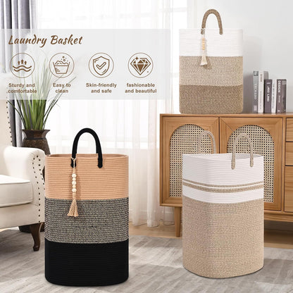 65L Woven Laundry Basket for Clothes, Large Rectangle Laundry Hampers with Beads Tassel, Nursery Storage Basket for Toys, Tall Dirty Clothes Hamper for Bedroom Aesthetic, Laundry Room Organization