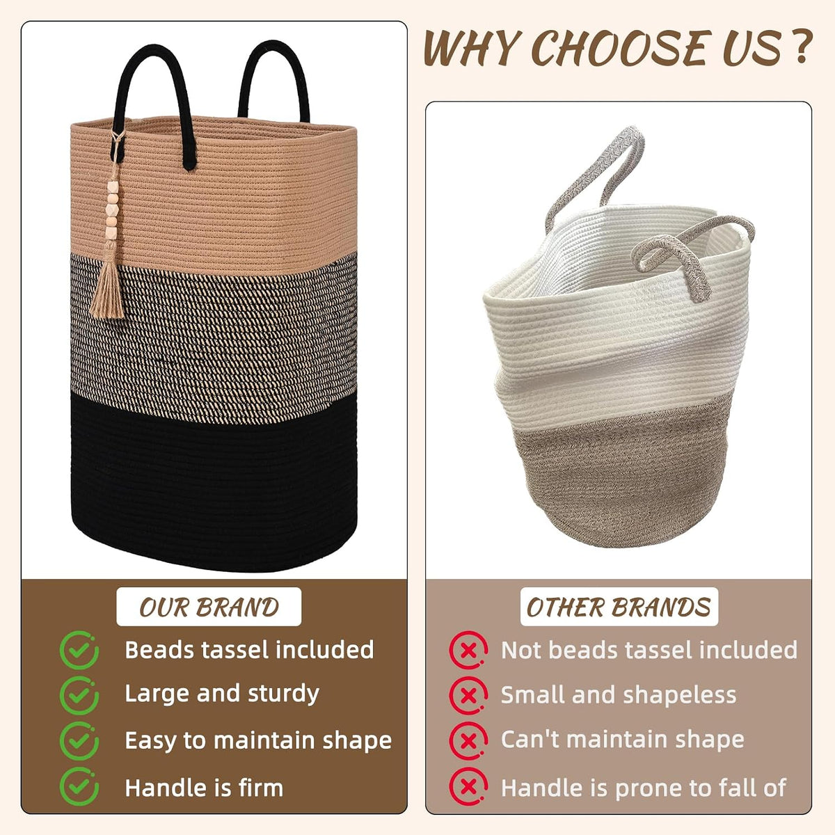 65L Woven Laundry Basket for Clothes, Large Rectangle Laundry Hampers with Beads Tassel, Nursery Storage Basket for Toys, Tall Dirty Clothes Hamper for Bedroom Aesthetic, Laundry Room Organization