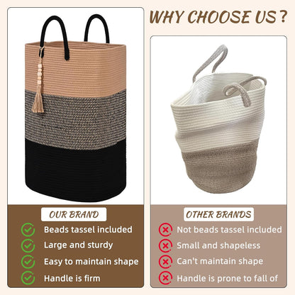 65L Woven Laundry Basket for Clothes, Large Rectangle Laundry Hampers with Beads Tassel, Nursery Storage Basket for Toys, Tall Dirty Clothes Hamper for Bedroom Aesthetic, Laundry Room Organization