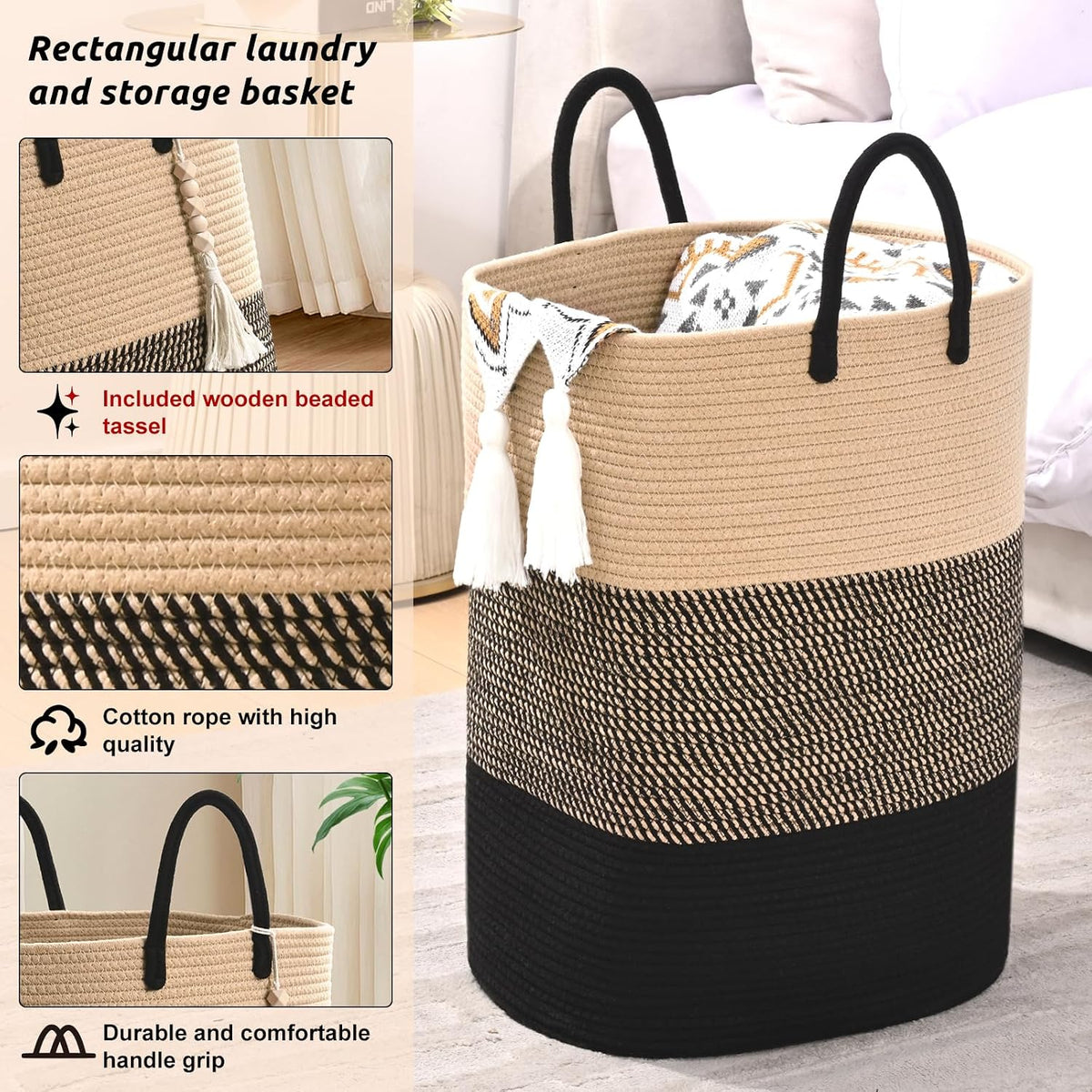 65L Woven Laundry Basket for Clothes, Large Rectangle Laundry Hampers with Beads Tassel, Nursery Storage Basket for Toys, Tall Dirty Clothes Hamper for Bedroom Aesthetic, Laundry Room Organization