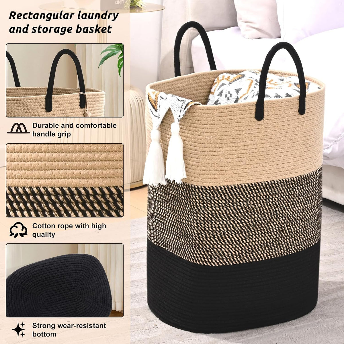 65L Woven Laundry Basket for Clothes, Large Rectangle Laundry Hampers with Beads Tassel, Nursery Storage Basket for Toys, Tall Dirty Clothes Hamper for Bedroom Aesthetic, Laundry Room Organization