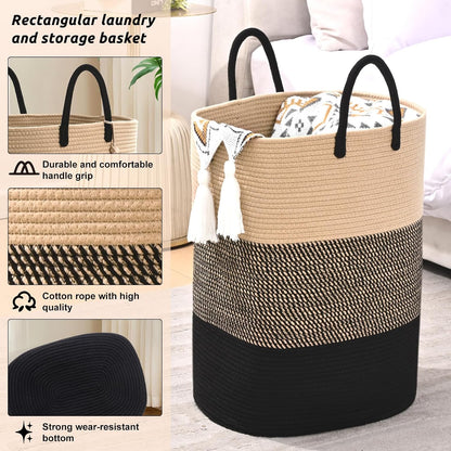 65L Woven Laundry Basket for Clothes, Large Rectangle Laundry Hampers with Beads Tassel, Nursery Storage Basket for Toys, Tall Dirty Clothes Hamper for Bedroom Aesthetic, Laundry Room Organization