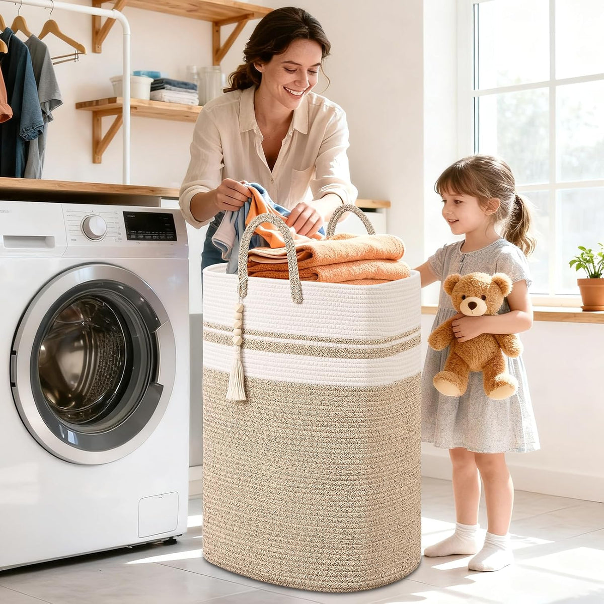65L Woven Laundry Basket for Clothes, Large Rectangle Laundry Hampers with Beads Tassel, Nursery Storage Basket for Toys, Tall Dirty Clothes Hamper for Bedroom Aesthetic, Laundry Room Organization