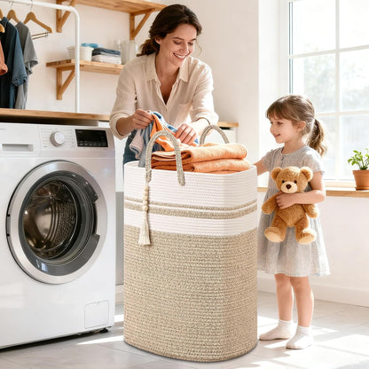 65L Woven Laundry Basket for Clothes, Large Rectangle Laundry Hampers with Beads Tassel, Nursery Storage Basket for Toys, Tall Dirty Clothes Hamper for Bedroom Aesthetic, Laundry Room Organization