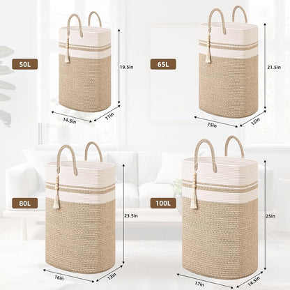 65L Woven Laundry Basket for Clothes, Large Rectangle Laundry Hampers with Beads Tassel, Nursery Storage Basket for Toys, Tall Dirty Clothes Hamper for Bedroom Aesthetic, Laundry Room Organization