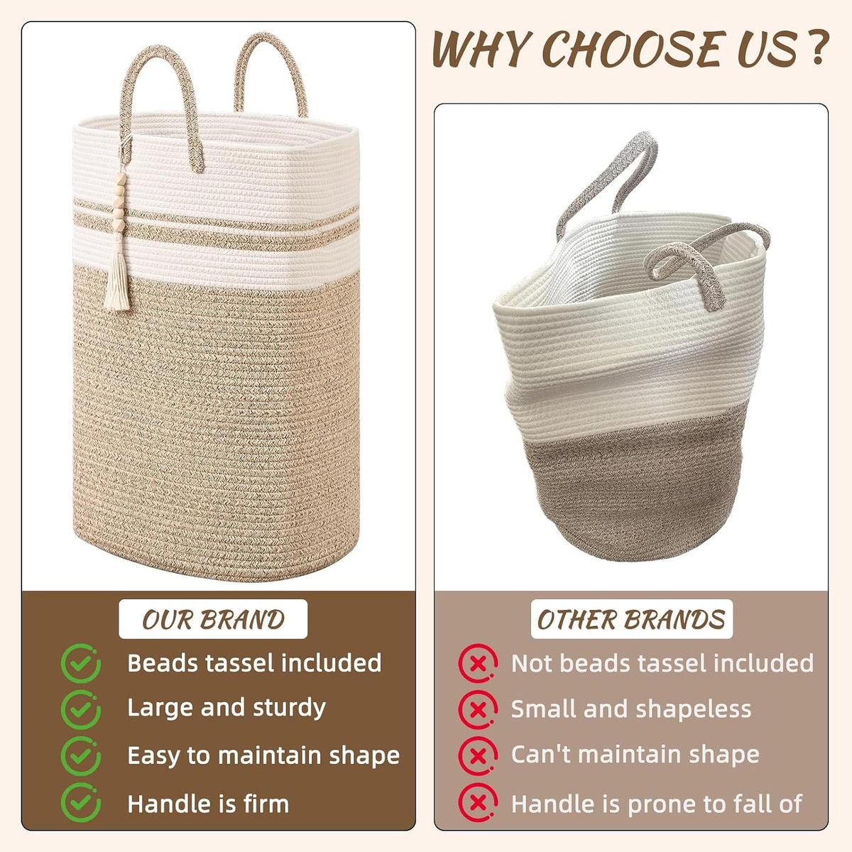 65L Woven Laundry Basket for Clothes, Large Rectangle Laundry Hampers with Beads Tassel, Nursery Storage Basket for Toys, Tall Dirty Clothes Hamper for Bedroom Aesthetic, Laundry Room Organization