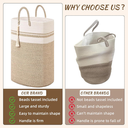 65L Woven Laundry Basket for Clothes, Large Rectangle Laundry Hampers with Beads Tassel, Nursery Storage Basket for Toys, Tall Dirty Clothes Hamper for Bedroom Aesthetic, Laundry Room Organization