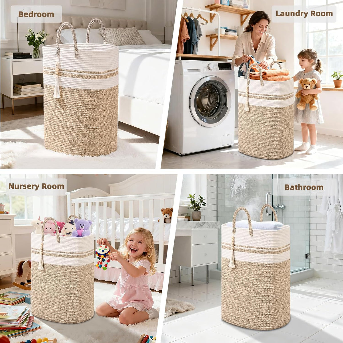 65L Woven Laundry Basket for Clothes, Large Rectangle Laundry Hampers with Beads Tassel, Nursery Storage Basket for Toys, Tall Dirty Clothes Hamper for Bedroom Aesthetic, Laundry Room Organization