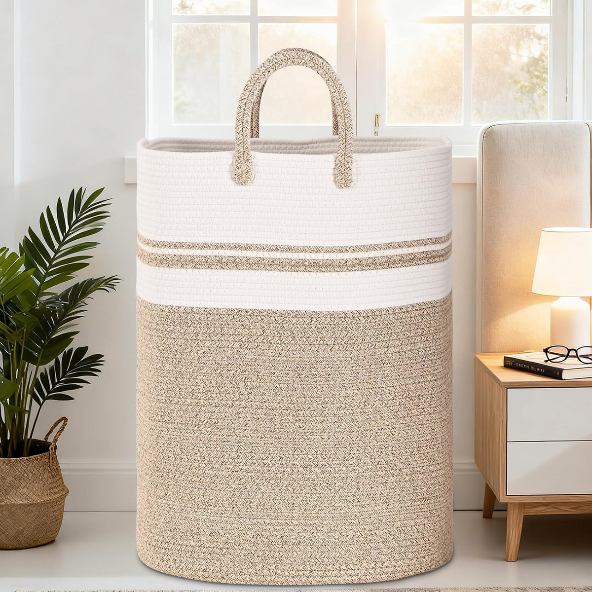 65L Woven Laundry Basket for Clothes, Large Rectangle Laundry Hampers with Beads Tassel, Nursery Storage Basket for Toys, Tall Dirty Clothes Hamper for Bedroom Aesthetic, Laundry Room Organization