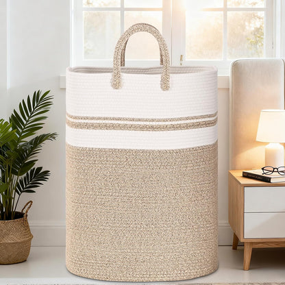 65L Woven Laundry Basket for Clothes, Large Rectangle Laundry Hampers with Beads Tassel, Nursery Storage Basket for Toys, Tall Dirty Clothes Hamper for Bedroom Aesthetic, Laundry Room Organization