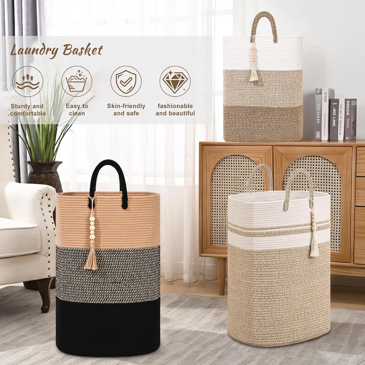65L Woven Laundry Basket for Clothes, Large Rectangle Laundry Hampers with Beads Tassel, Nursery Storage Basket for Toys, Tall Dirty Clothes Hamper for Bedroom Aesthetic, Laundry Room Organization