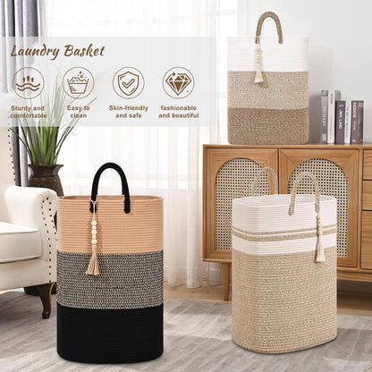 65L Woven Laundry Basket for Clothes, Large Rectangle Laundry Hampers with Beads Tassel, Nursery Storage Basket for Toys, Tall Dirty Clothes Hamper for Bedroom Aesthetic, Laundry Room Organization
