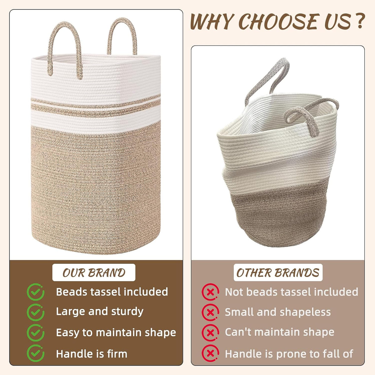 65L Woven Laundry Basket for Clothes, Large Rectangle Laundry Hampers with Beads Tassel, Nursery Storage Basket for Toys, Tall Dirty Clothes Hamper for Bedroom Aesthetic, Laundry Room Organization
