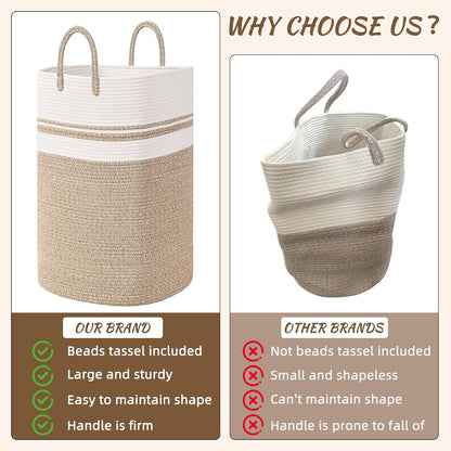 65L Woven Laundry Basket for Clothes, Large Rectangle Laundry Hampers with Beads Tassel, Nursery Storage Basket for Toys, Tall Dirty Clothes Hamper for Bedroom Aesthetic, Laundry Room Organization