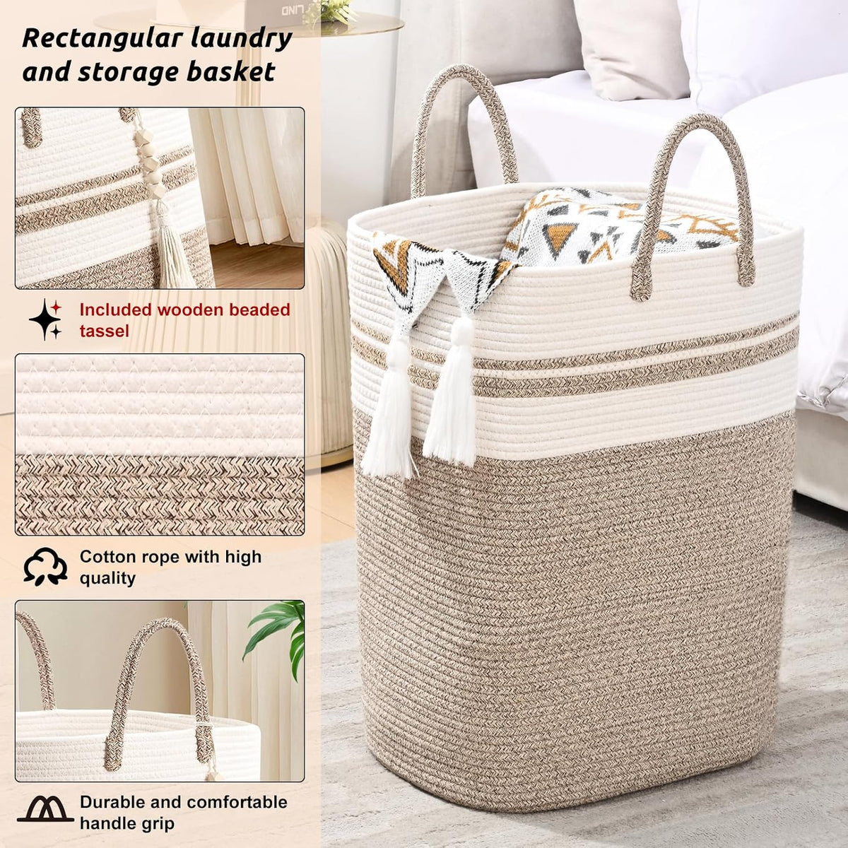 65L Woven Laundry Basket for Clothes, Large Rectangle Laundry Hampers with Beads Tassel, Nursery Storage Basket for Toys, Tall Dirty Clothes Hamper for Bedroom Aesthetic, Laundry Room Organization