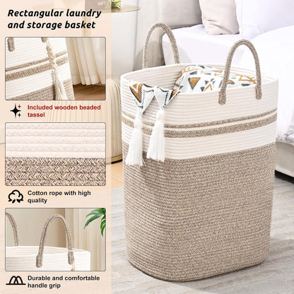 65L Woven Laundry Basket for Clothes, Large Rectangle Laundry Hampers with Beads Tassel, Nursery Storage Basket for Toys, Tall Dirty Clothes Hamper for Bedroom Aesthetic, Laundry Room Organization