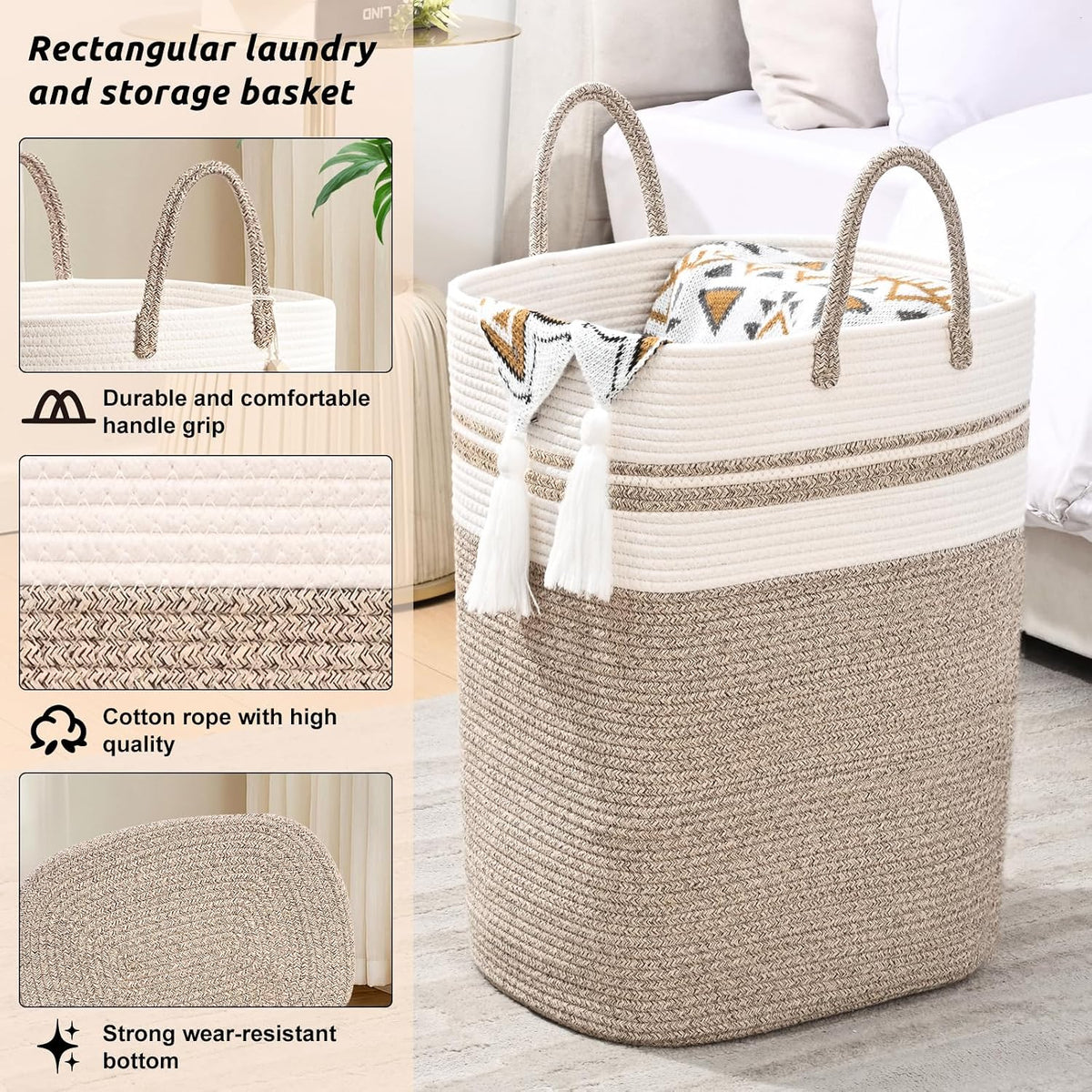 65L Woven Laundry Basket for Clothes, Large Rectangle Laundry Hampers with Beads Tassel, Nursery Storage Basket for Toys, Tall Dirty Clothes Hamper for Bedroom Aesthetic, Laundry Room Organization
