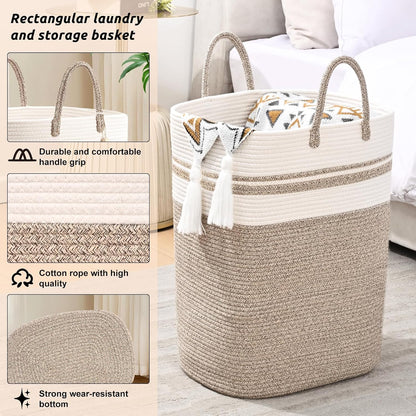 65L Woven Laundry Basket for Clothes, Large Rectangle Laundry Hampers with Beads Tassel, Nursery Storage Basket for Toys, Tall Dirty Clothes Hamper for Bedroom Aesthetic, Laundry Room Organization