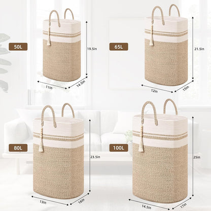 65L Woven Laundry Basket for Clothes, Large Rectangle Laundry Hampers with Beads Tassel, Nursery Storage Basket for Toys, Tall Dirty Clothes Hamper for Bedroom Aesthetic, Laundry Room Organization