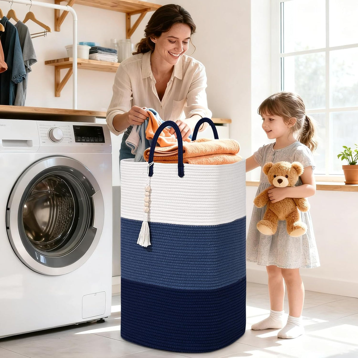 65L Woven Laundry Basket for Clothes, Large Rectangle Laundry Hampers with Beads Tassel, Nursery Storage Basket for Toys, Tall Dirty Clothes Hamper for Bedroom Aesthetic, Laundry Room Organization