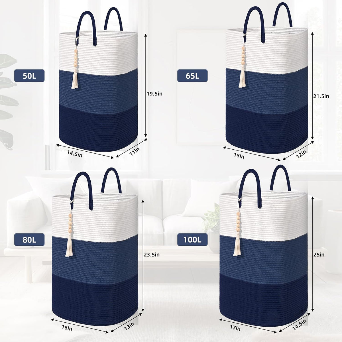 65L Woven Laundry Basket for Clothes, Large Rectangle Laundry Hampers with Beads Tassel, Nursery Storage Basket for Toys, Tall Dirty Clothes Hamper for Bedroom Aesthetic, Laundry Room Organization