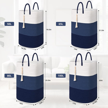 65L Woven Laundry Basket for Clothes, Large Rectangle Laundry Hampers with Beads Tassel, Nursery Storage Basket for Toys, Tall Dirty Clothes Hamper for Bedroom Aesthetic, Laundry Room Organization