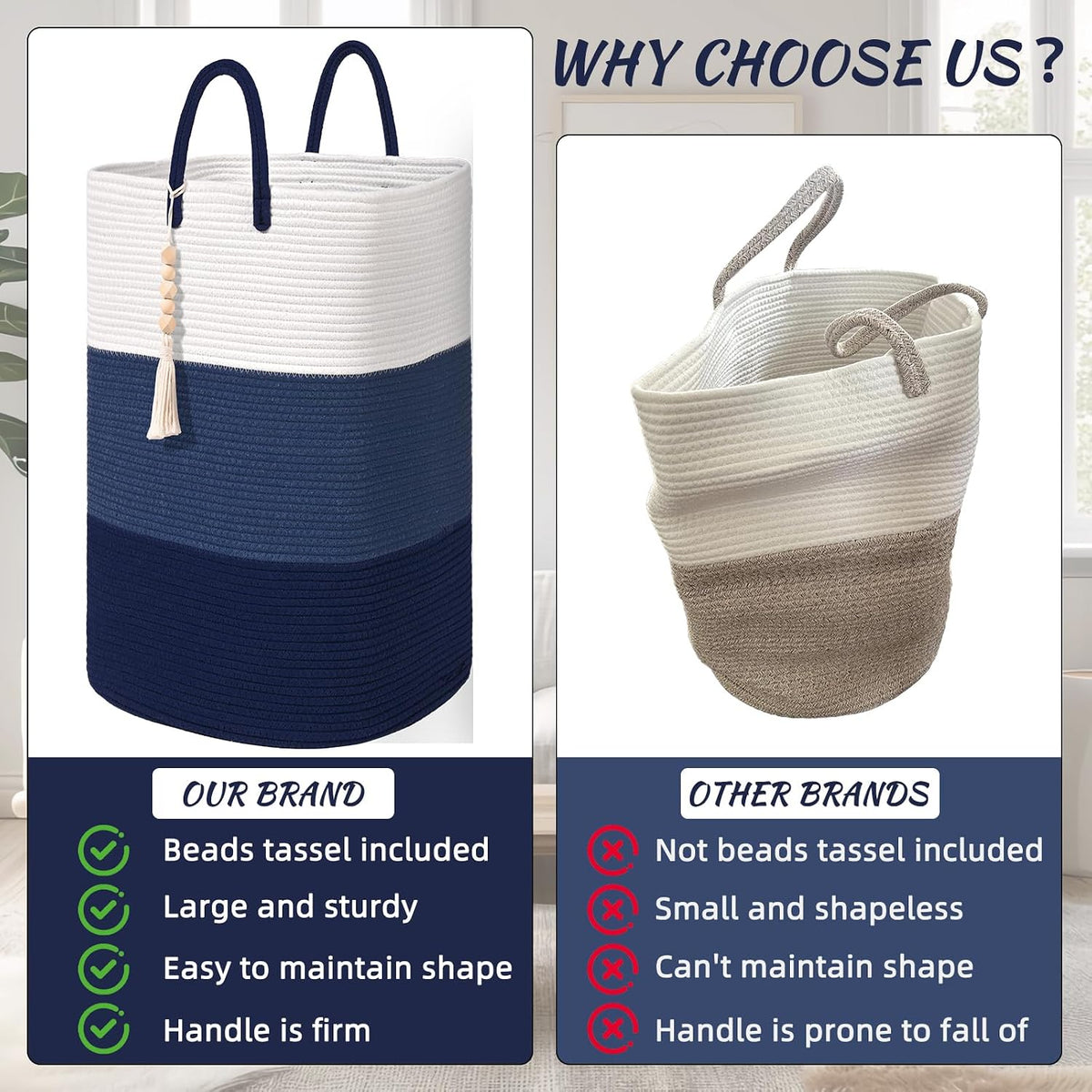 65L Woven Laundry Basket for Clothes, Large Rectangle Laundry Hampers with Beads Tassel, Nursery Storage Basket for Toys, Tall Dirty Clothes Hamper for Bedroom Aesthetic, Laundry Room Organization