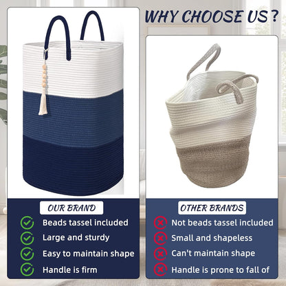 65L Woven Laundry Basket for Clothes, Large Rectangle Laundry Hampers with Beads Tassel, Nursery Storage Basket for Toys, Tall Dirty Clothes Hamper for Bedroom Aesthetic, Laundry Room Organization