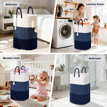65L Woven Laundry Basket for Clothes, Large Rectangle Laundry Hampers with Beads Tassel, Nursery Storage Basket for Toys, Tall Dirty Clothes Hamper for Bedroom Aesthetic, Laundry Room Organization