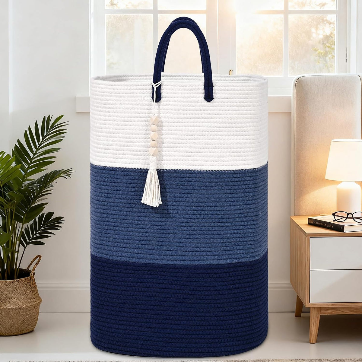 65L Woven Laundry Basket for Clothes, Large Rectangle Laundry Hampers with Beads Tassel, Nursery Storage Basket for Toys, Tall Dirty Clothes Hamper for Bedroom Aesthetic, Laundry Room Organization