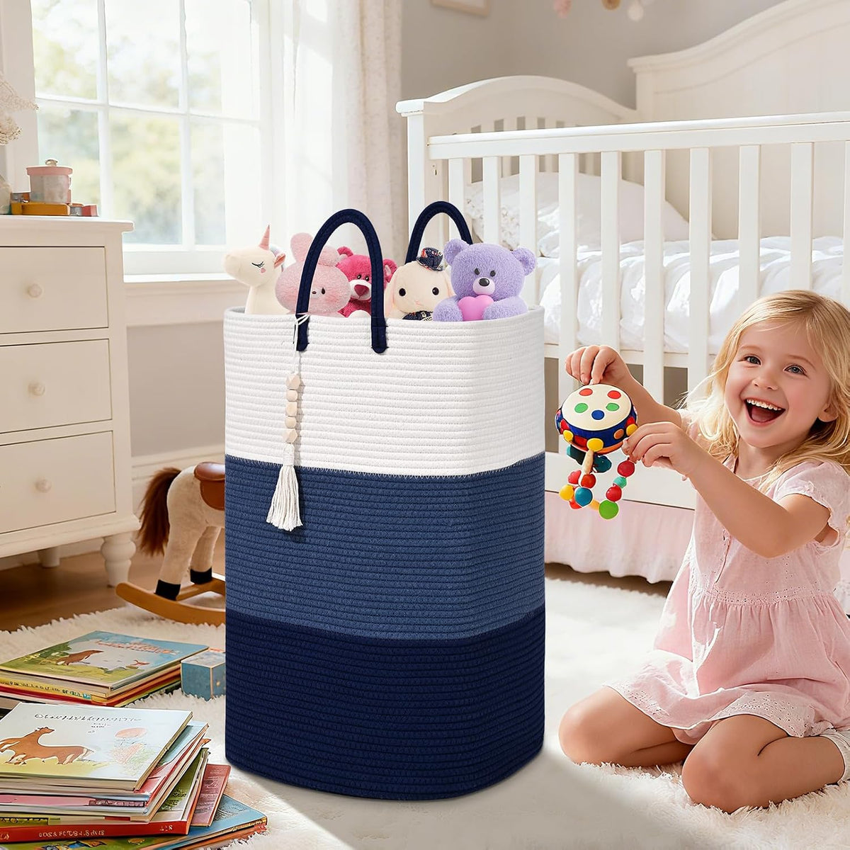 65L Woven Laundry Basket for Clothes, Large Rectangle Laundry Hampers with Beads Tassel, Nursery Storage Basket for Toys, Tall Dirty Clothes Hamper for Bedroom Aesthetic, Laundry Room Organization