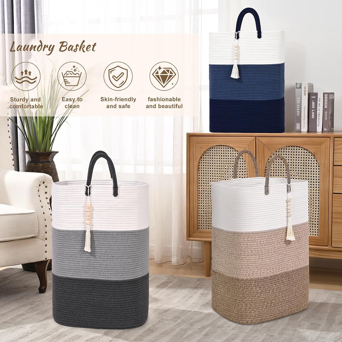 65L Woven Laundry Basket for Clothes, Large Rectangle Laundry Hampers with Beads Tassel, Nursery Storage Basket for Toys, Tall Dirty Clothes Hamper for Bedroom Aesthetic, Laundry Room Organization