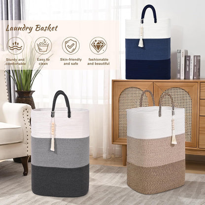 65L Woven Laundry Basket for Clothes, Large Rectangle Laundry Hampers with Beads Tassel, Nursery Storage Basket for Toys, Tall Dirty Clothes Hamper for Bedroom Aesthetic, Laundry Room Organization