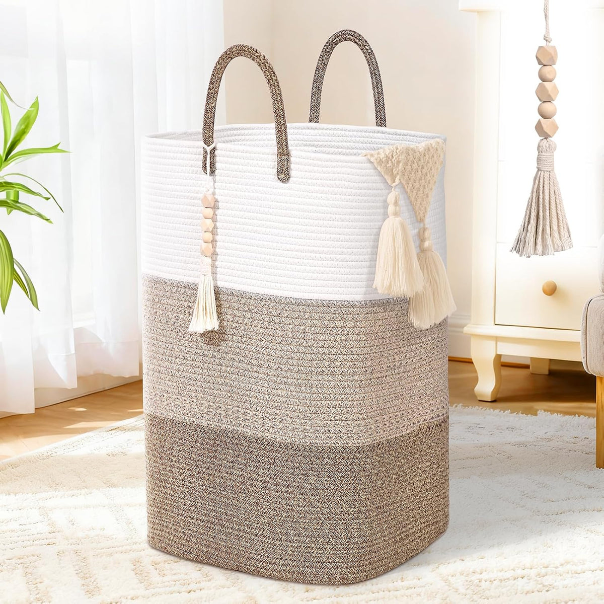 65L Woven Laundry Basket for Clothes, Large Rectangle Laundry Hampers with Beads Tassel, Nursery Storage Basket for Toys, Tall Dirty Clothes Hamper for Bedroom Aesthetic, Laundry Room Organization