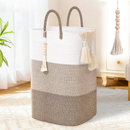 65L Woven Laundry Basket for Clothes, Large Rectangle Laundry Hampers with Beads Tassel, Nursery Storage Basket for Toys, Tall Dirty Clothes Hamper for Bedroom Aesthetic, Laundry Room Organization
