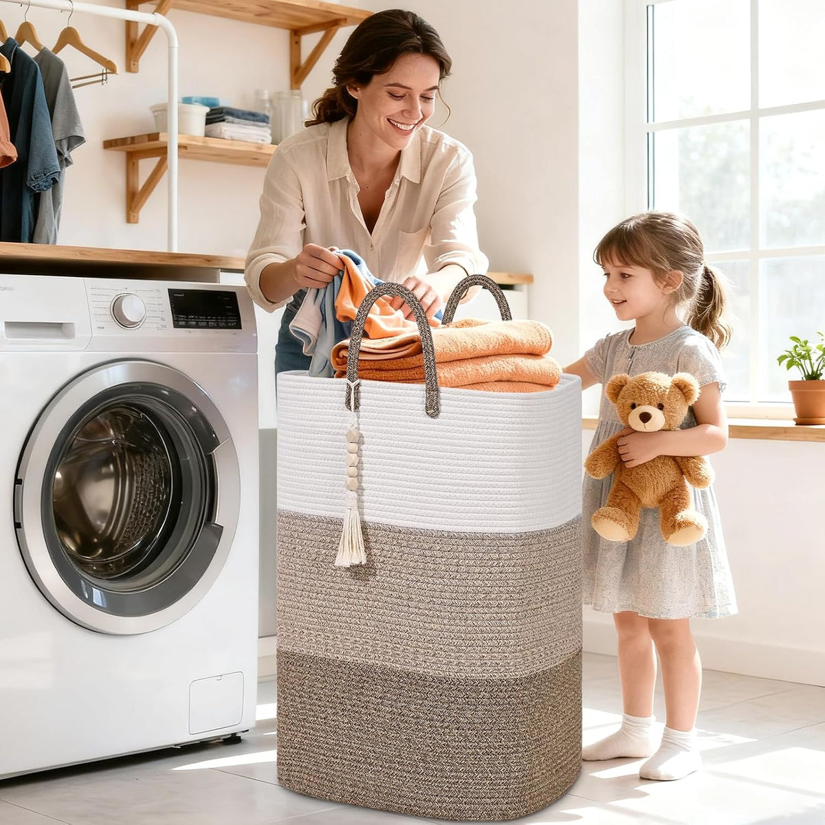65L Woven Laundry Basket for Clothes, Large Rectangle Laundry Hampers with Beads Tassel, Nursery Storage Basket for Toys, Tall Dirty Clothes Hamper for Bedroom Aesthetic, Laundry Room Organization