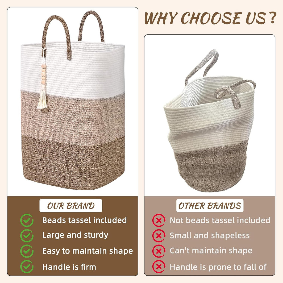 65L Woven Laundry Basket for Clothes, Large Rectangle Laundry Hampers with Beads Tassel, Nursery Storage Basket for Toys, Tall Dirty Clothes Hamper for Bedroom Aesthetic, Laundry Room Organization