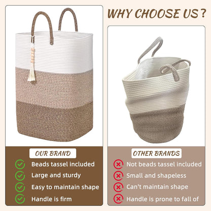 65L Woven Laundry Basket for Clothes, Large Rectangle Laundry Hampers with Beads Tassel, Nursery Storage Basket for Toys, Tall Dirty Clothes Hamper for Bedroom Aesthetic, Laundry Room Organization
